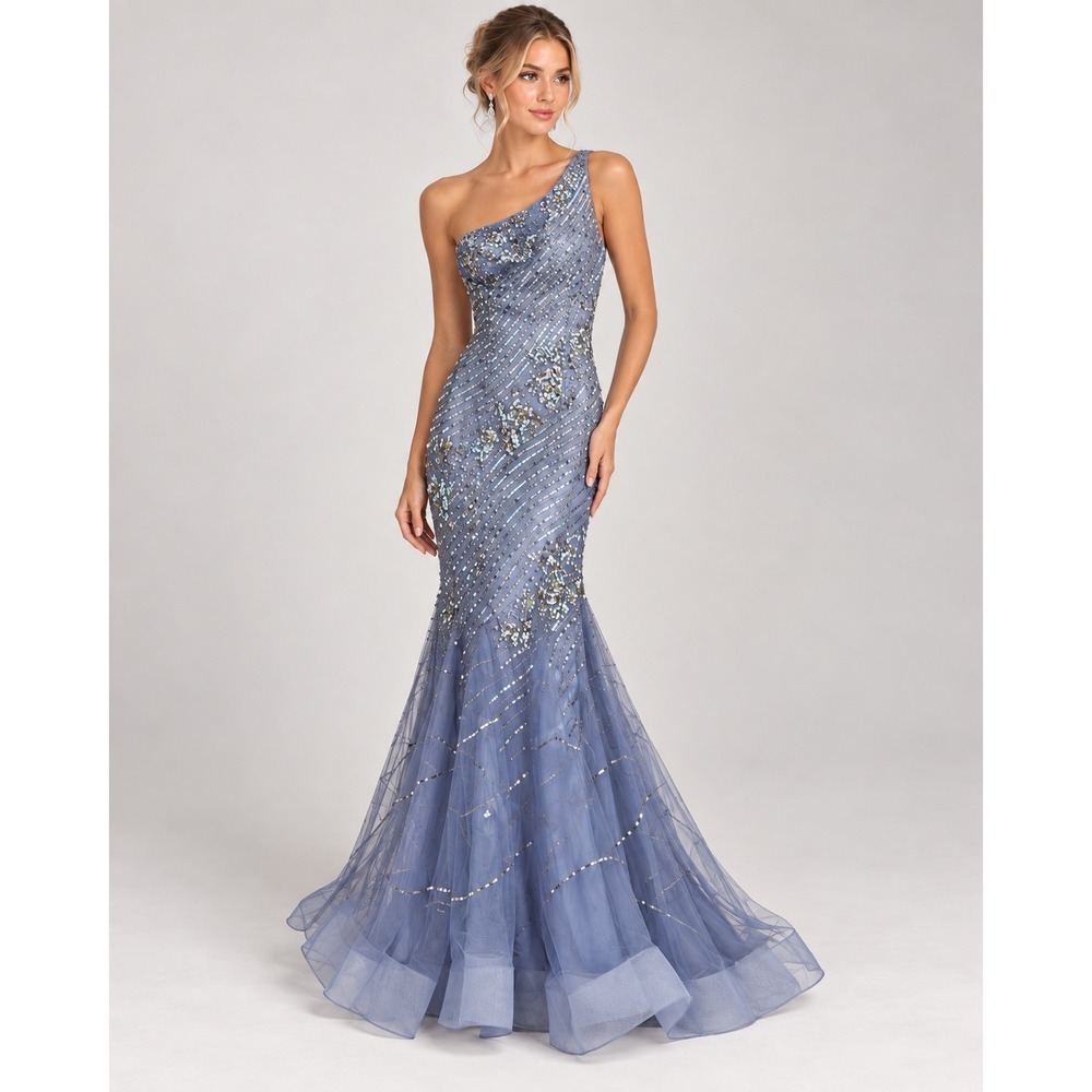 Tony Bowls Evenings Light Blue Sequin One Shoulder Mermaid Gown Dress Size 4